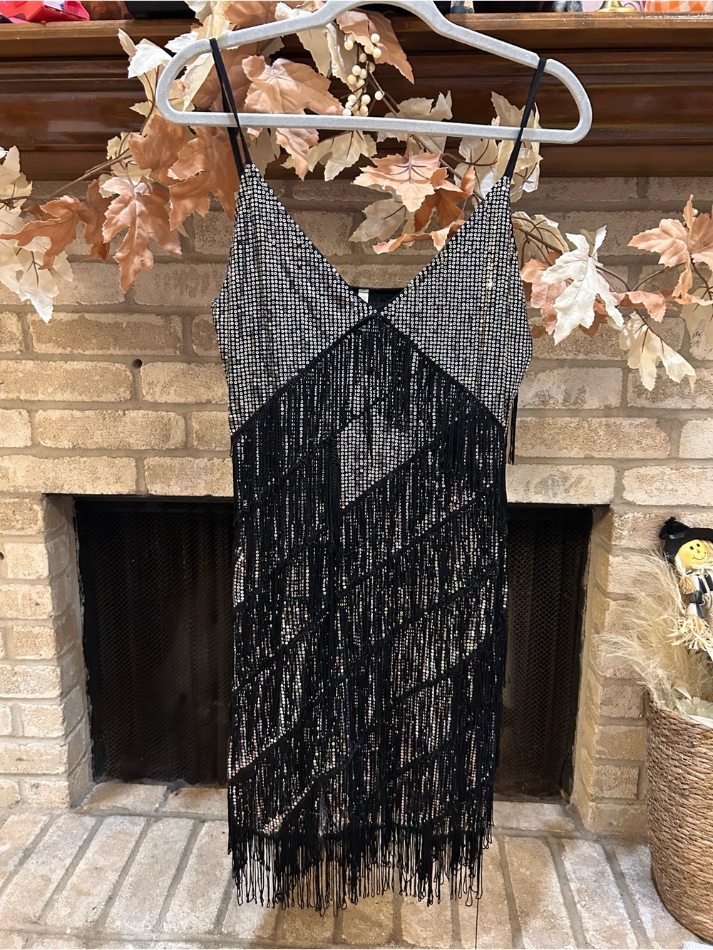 Black Beaded Fringe Spaghetti Strap Dress EUC